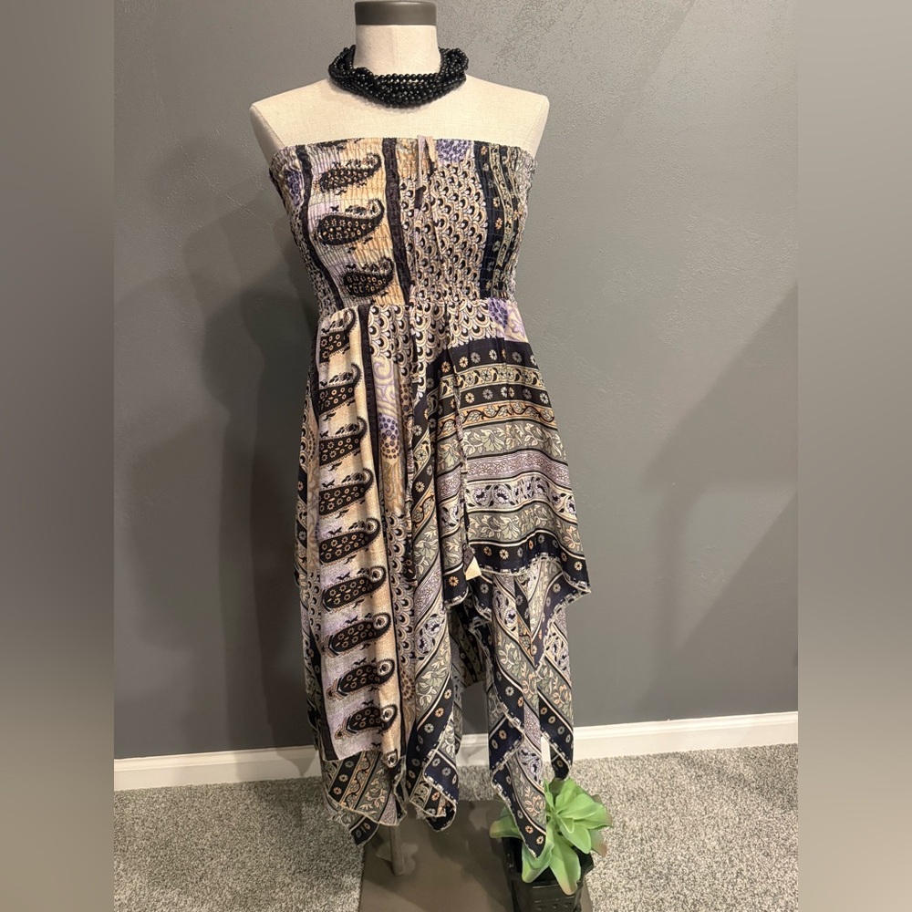 India Boutique Strapless Paisley Midi Dress in Black, Cream, and Lavender